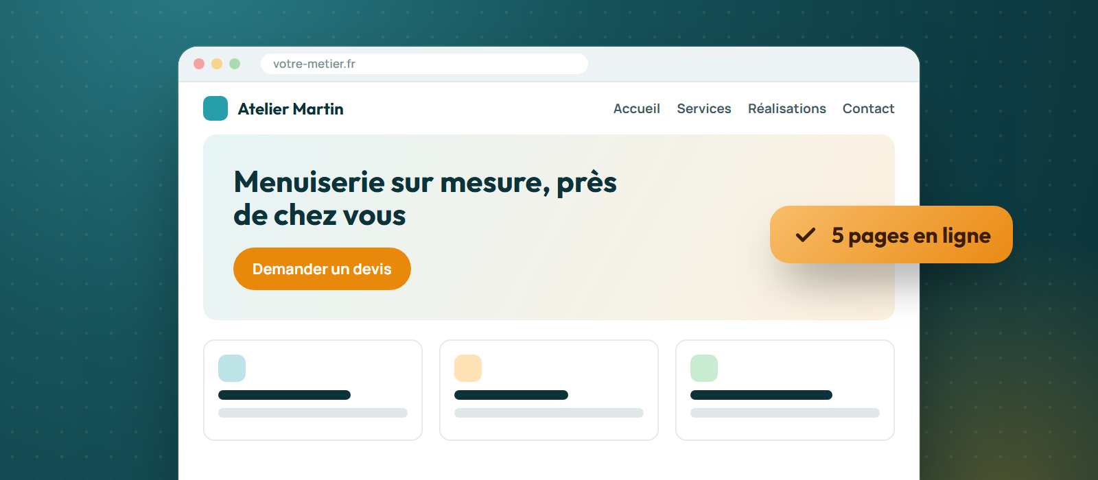 Site vitrine : page d’accueil avec bouton de demande de devis