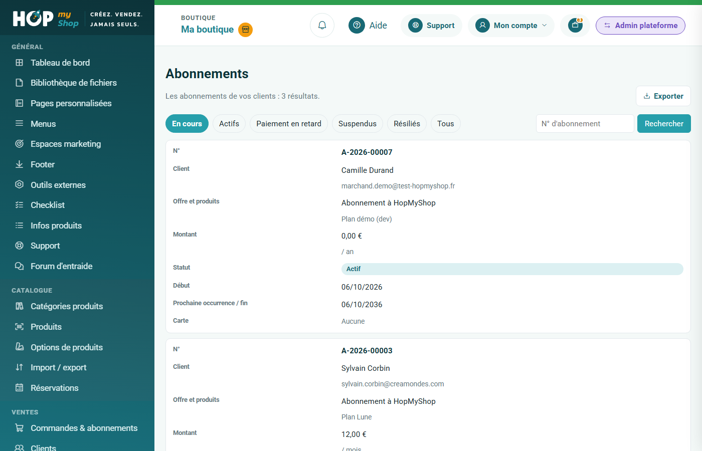 Liste des abonnements de vos clients