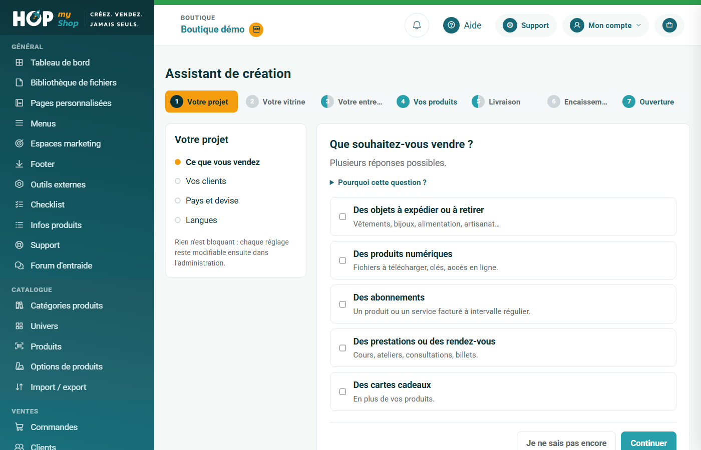 Assistant de création : les sept étapes en haut et la question « Que souhaitez-vous vendre ? »