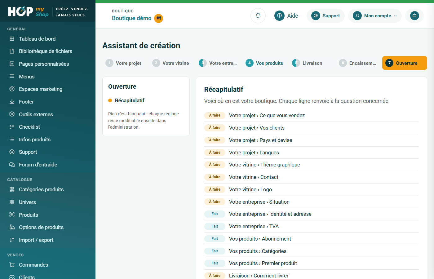 Étape Ouverture : récapitulatif des questions, interrupteur d'ouverture de la boutique et bloc Paiements