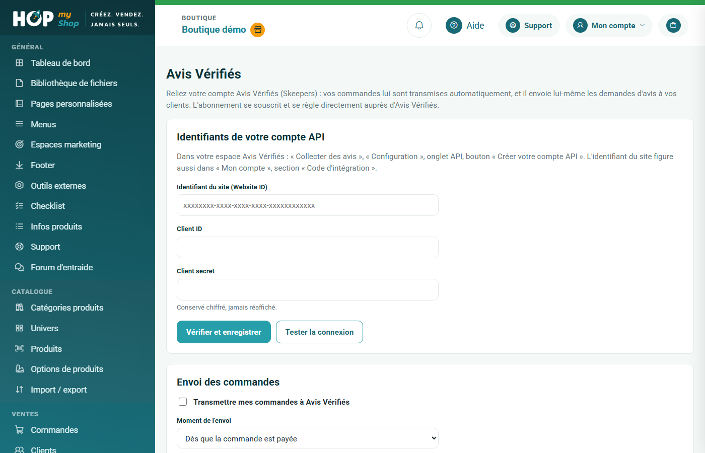 Écran Avis Vérifiés : identifiants du compte API, envoi des commandes et suivi