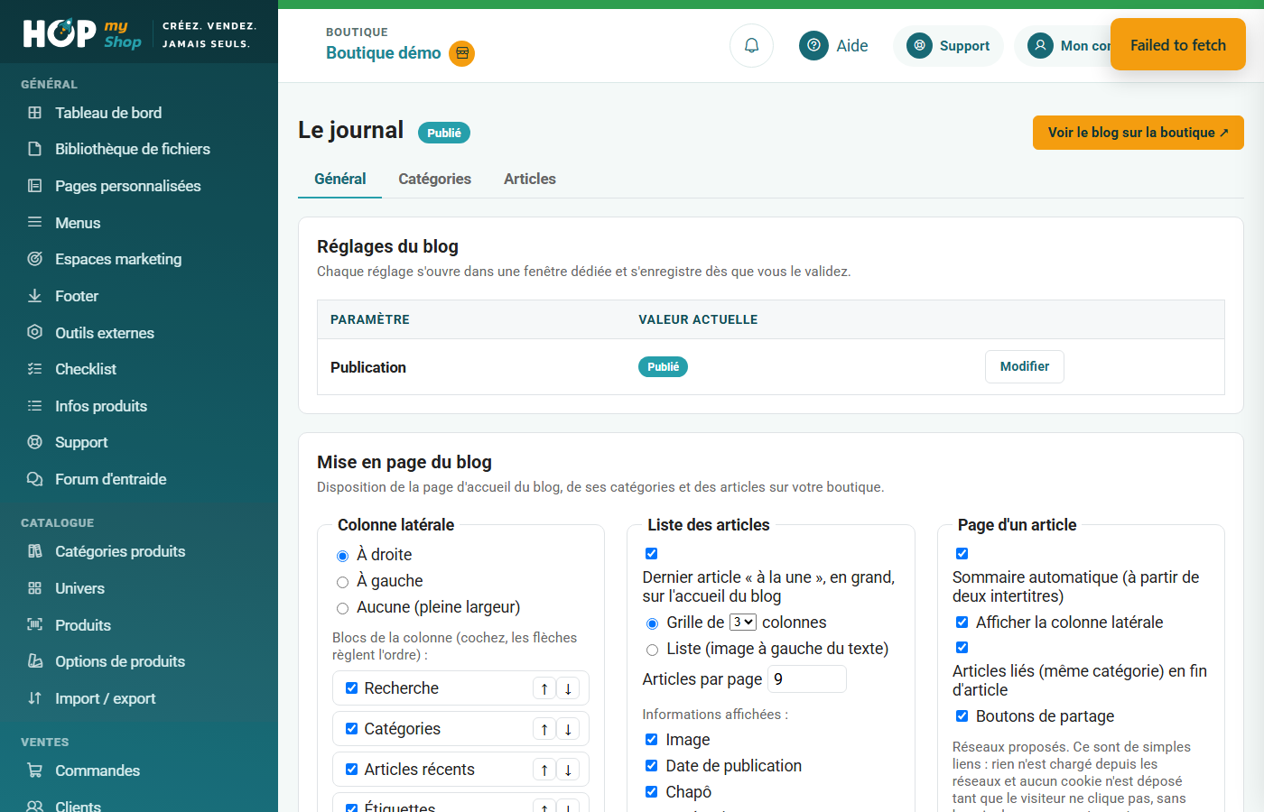 Onglet Général du blog : réglages, mise en page, auteurs et bloc SEO des adresses