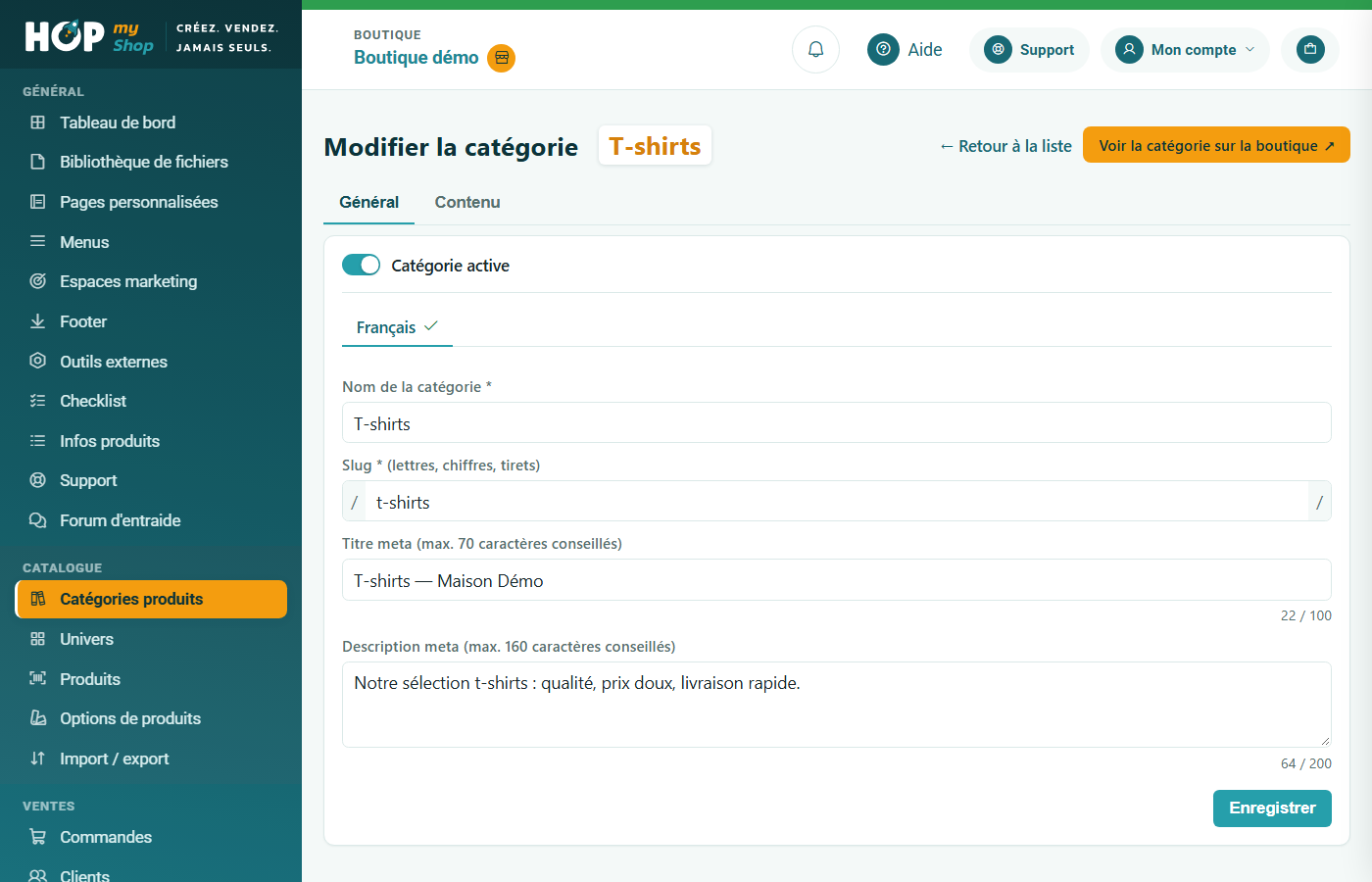 Fiche d'une catégorie, onglet Général