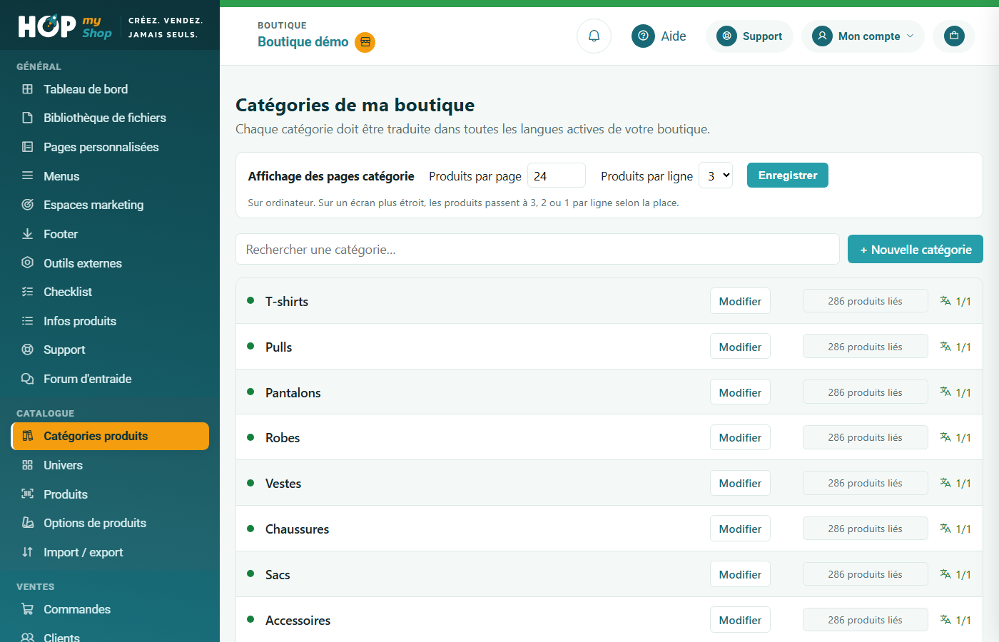 Liste des catégories de la boutique
