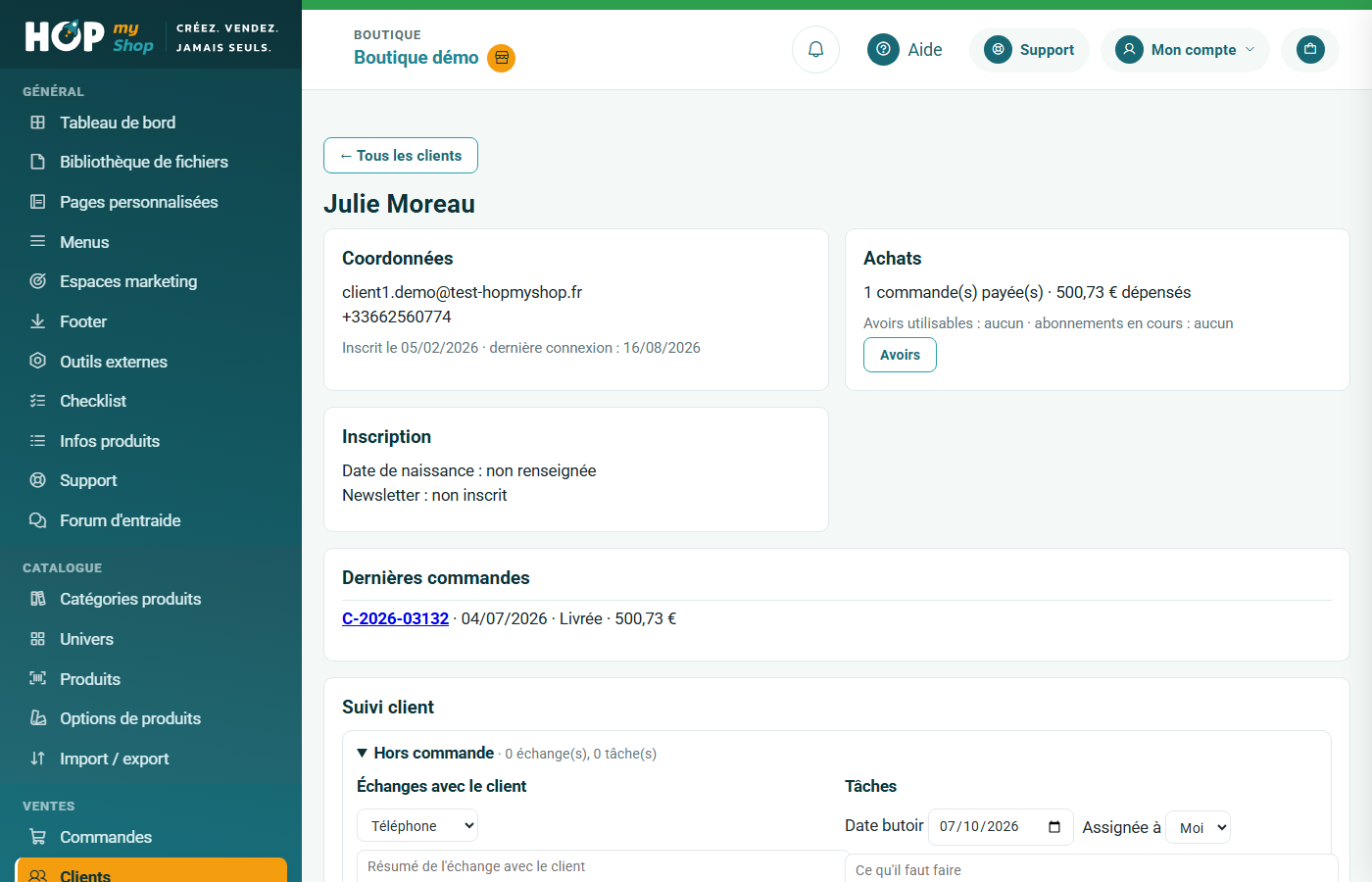 Fiche d'un client : coordonnées, achats, inscription et suivi client