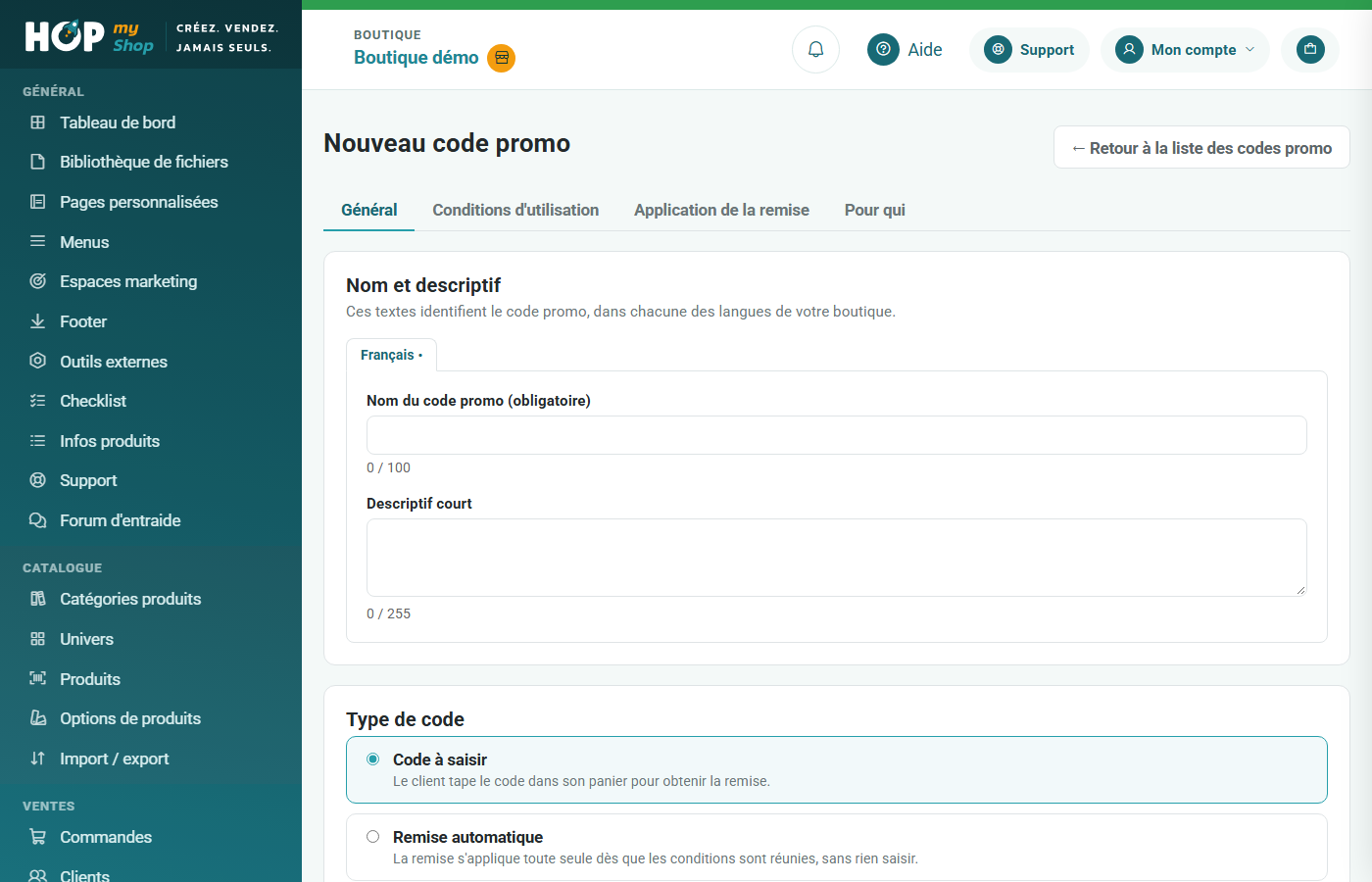 Fiche d'un nouveau code promo, onglet Général