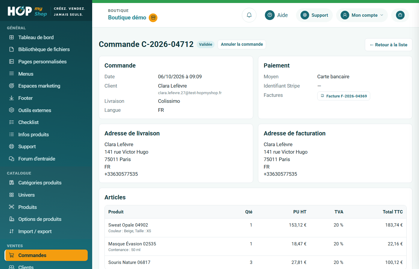 Fiche d'une commande : commande, paiement, adresses et articles