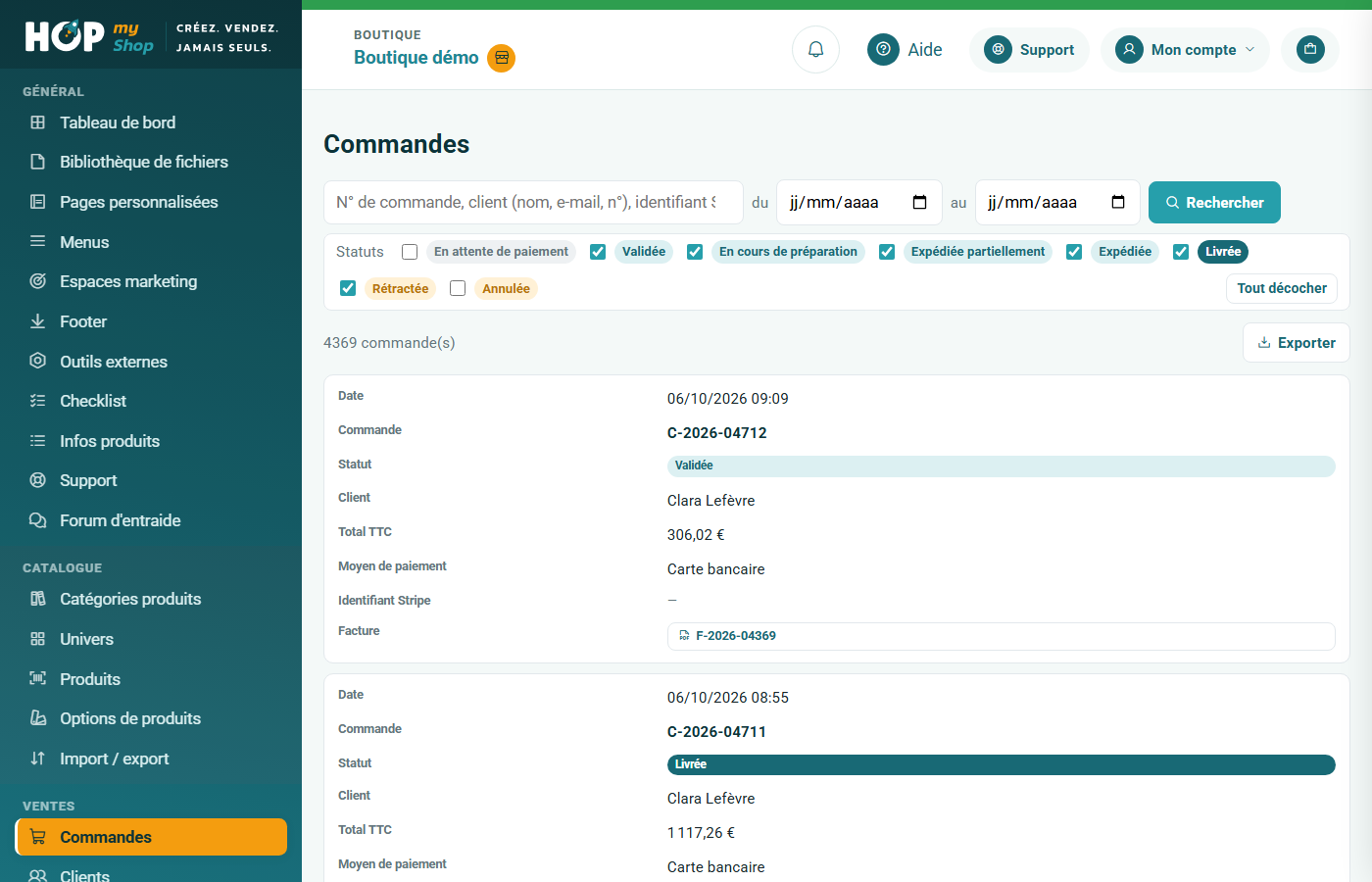 Liste des commandes avec les filtres par dates et par statuts