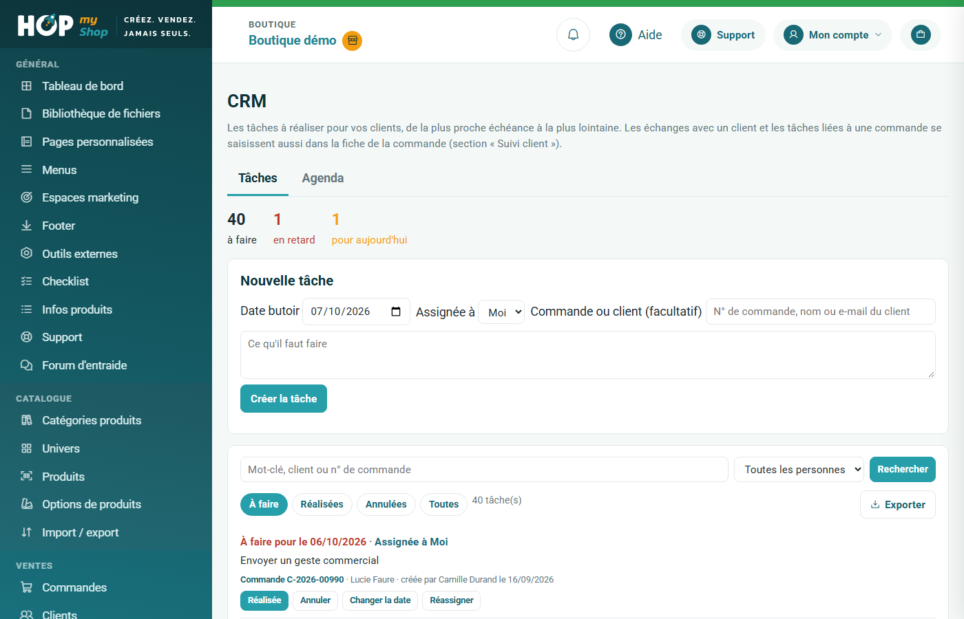 Écran CRM : compteurs, création d'une tâche et liste des tâches à faire