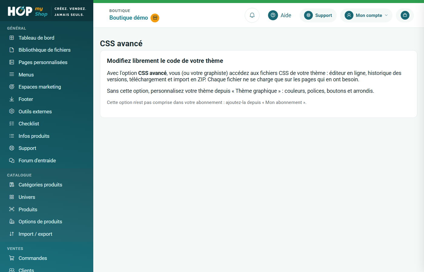 Écran CSS personnalisé présentant l'option : éditeur en ligne, historique des versions, téléchargement et import en ZIP