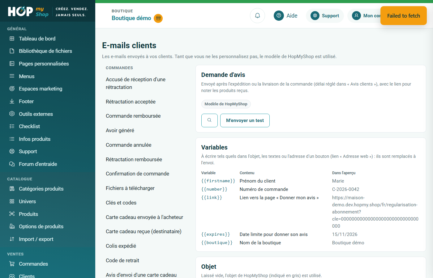 Écran E-mails clients : liste des e-mails par module, variables, objet et contenu