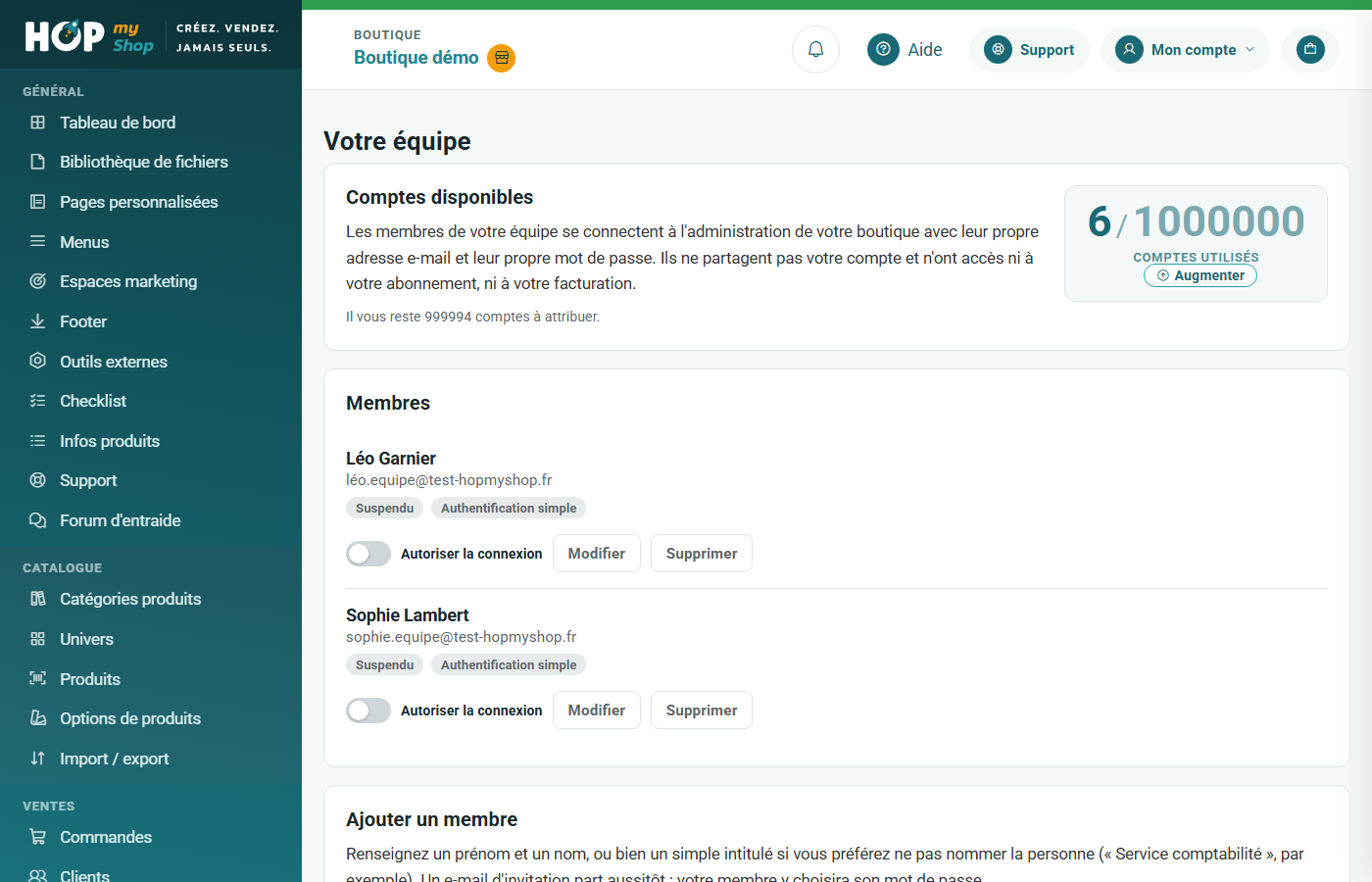 Écran Votre équipe : comptes disponibles, liste des membres et ajout d'un membre