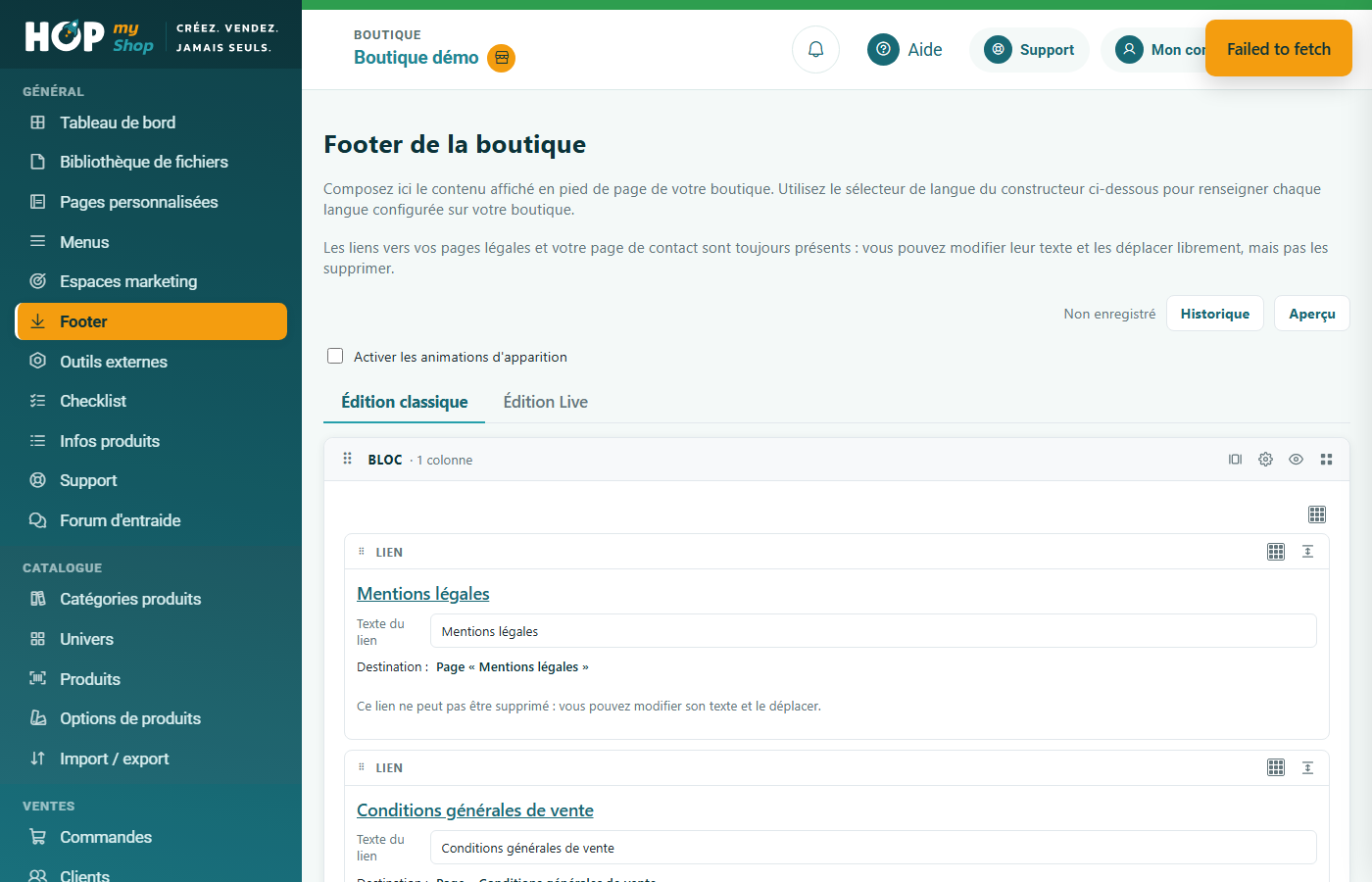 Constructeur de contenu du pied de page, avec le bloc des liens légaux
