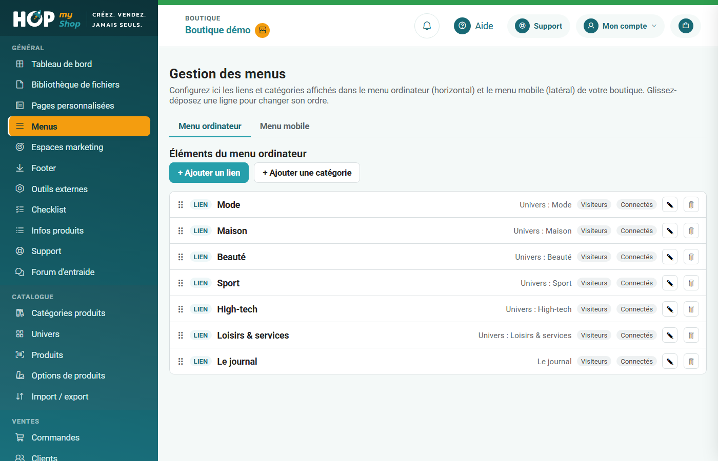 Éléments du menu ordinateur et du menu mobile, avec les boutons d'ajout d'un lien ou d'une catégorie