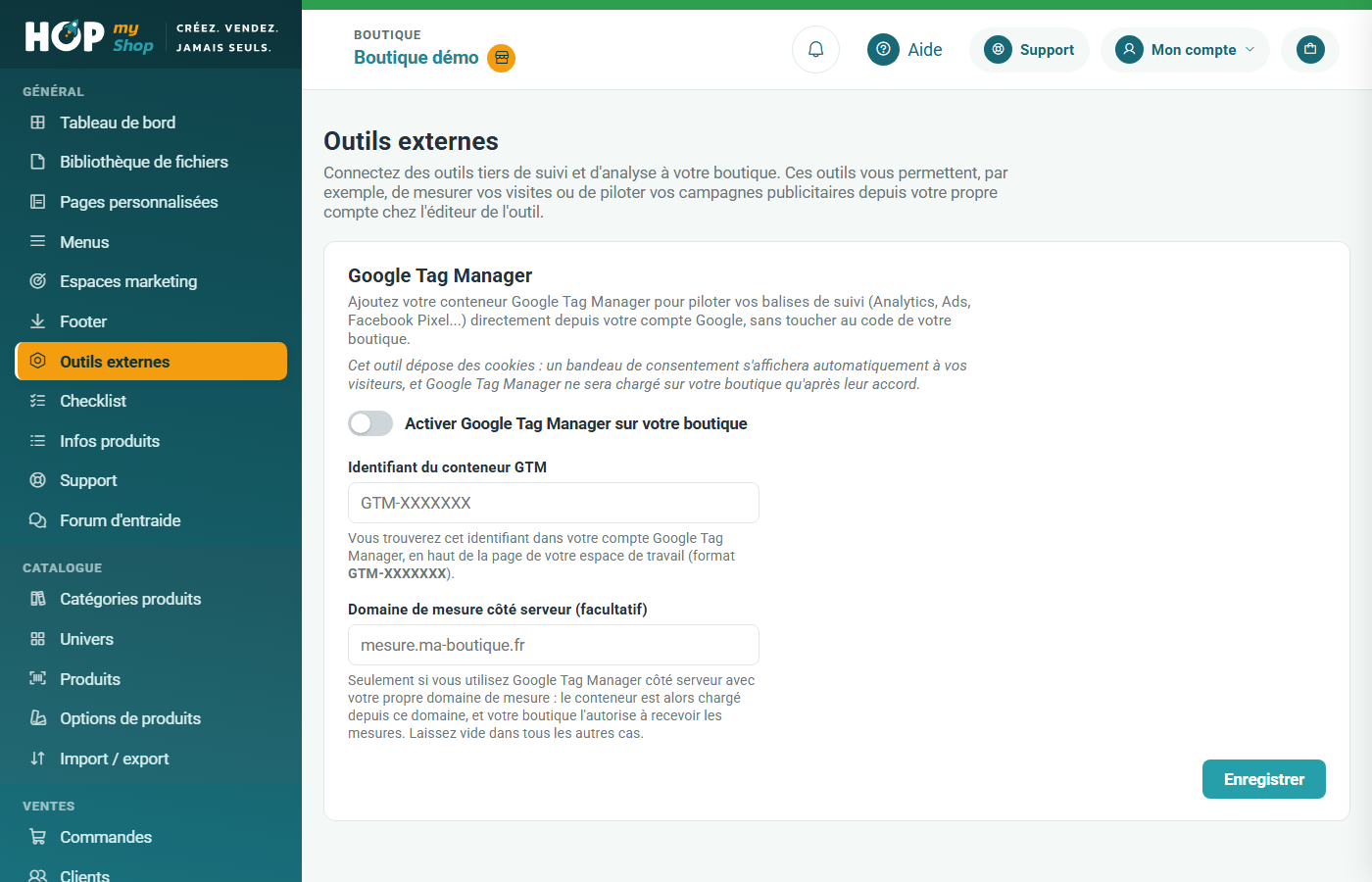 Carte Google Tag Manager : interrupteur d'activation, identifiant du conteneur et domaine de mesure facultatif