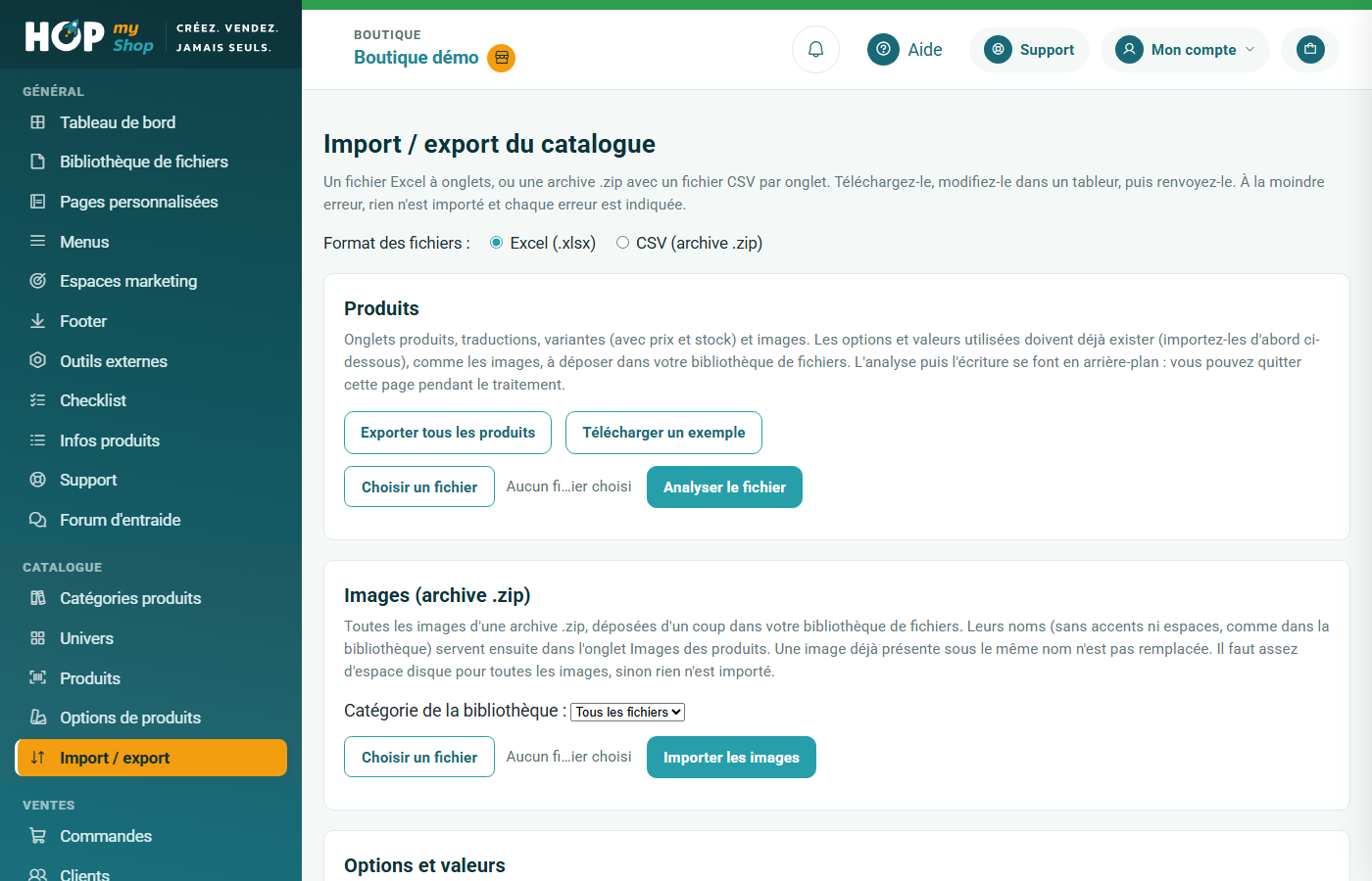 Écran Import / export du catalogue