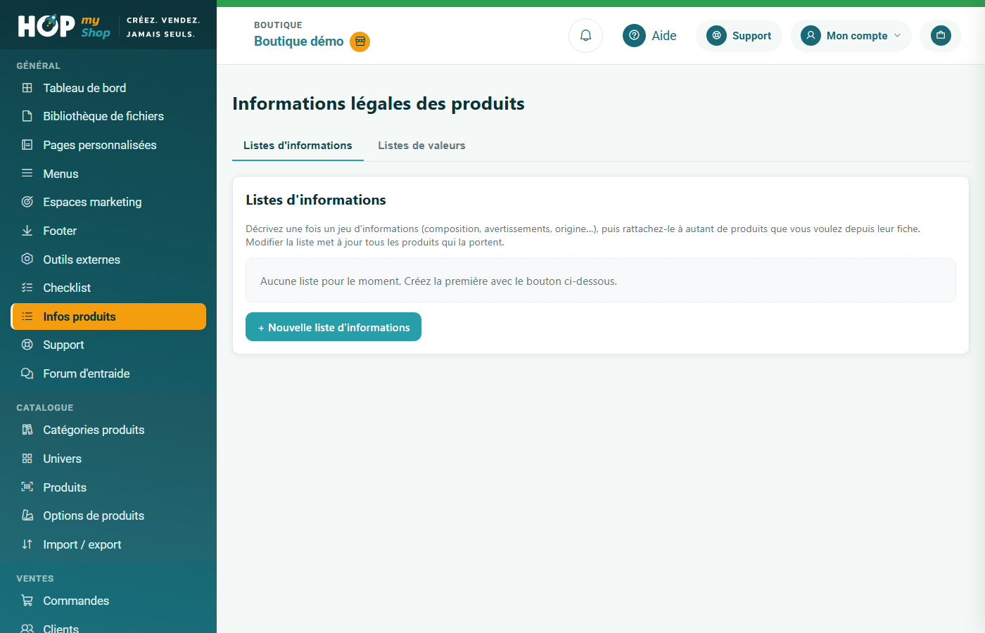 Écran Informations légales des produits