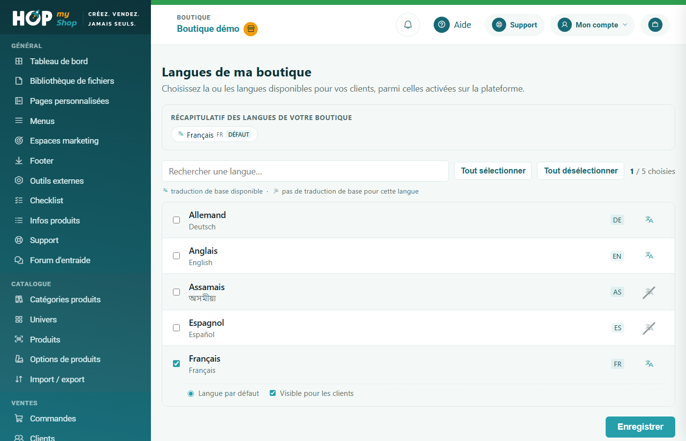 Écran Langues de la boutique : récapitulatif, liste des langues avec langue par défaut et visibilité