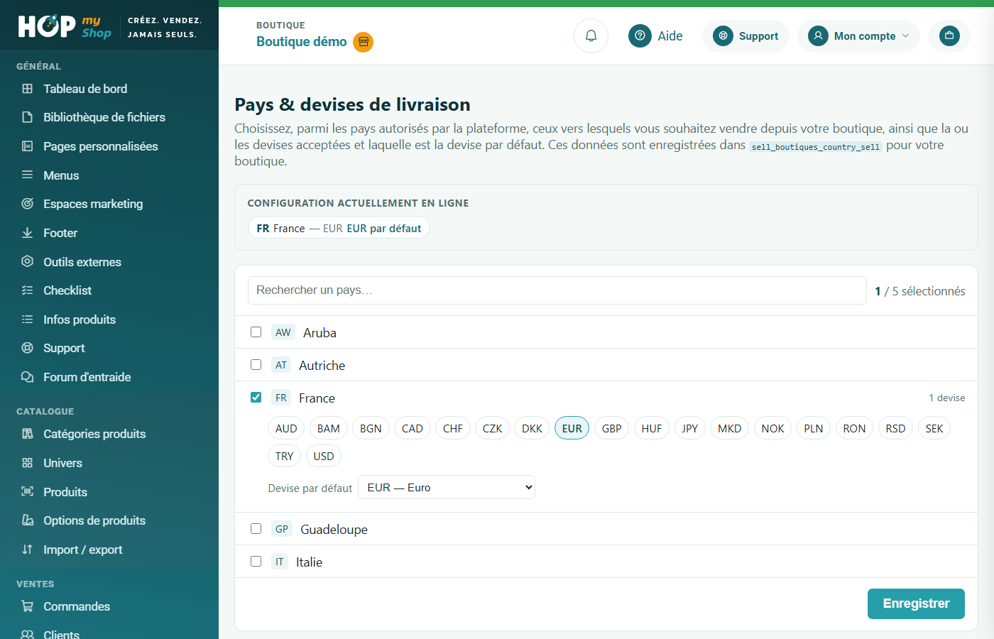 Écran Pays de vente : configuration en ligne, liste des pays avec leurs devises et la devise par défaut