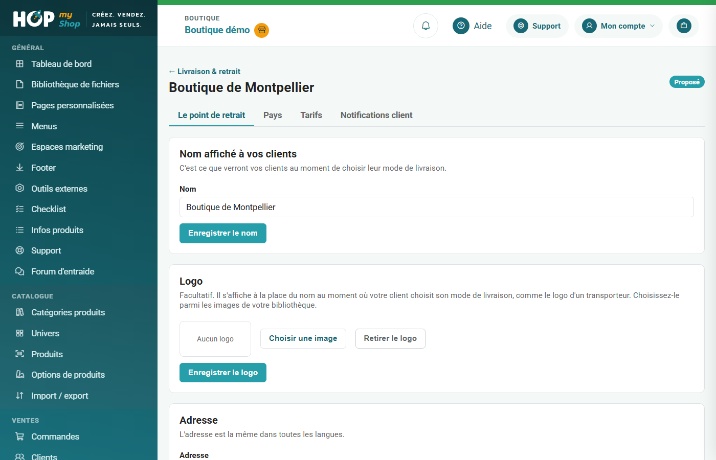 Fiche d'un point de retrait : nom, logo, adresse, délai de mise à disposition, activation