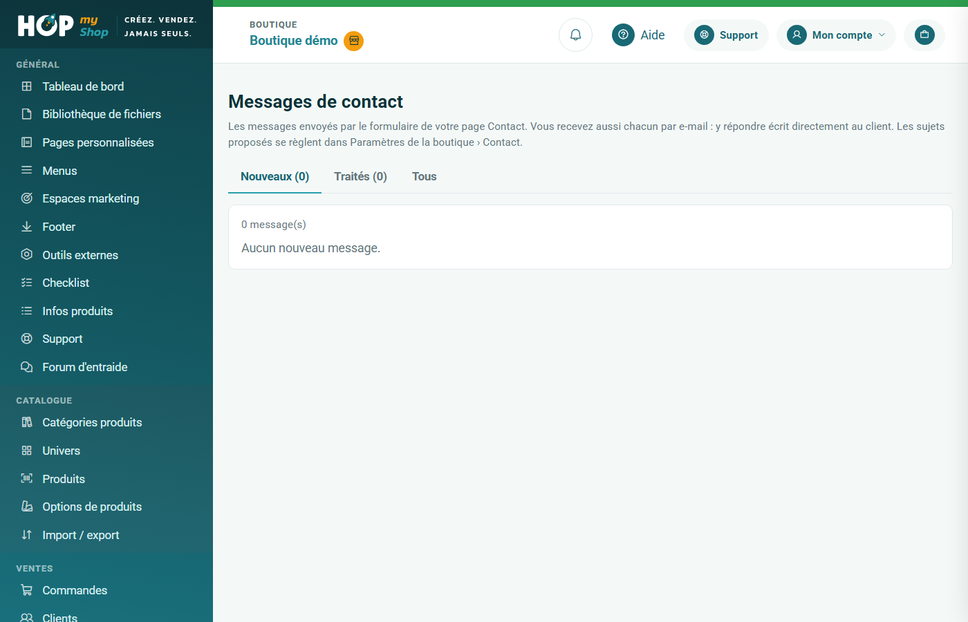 Écran des messages de contact avec les onglets Nouveaux, Traités et Tous