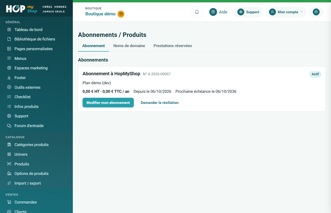 Onglet Abonnement : carte de l'abonnement en cours avec son numéro, son statut Actif, son montant, sa prochaine échéance et les boutons Modifier mon abonnement et Demander la résiliation