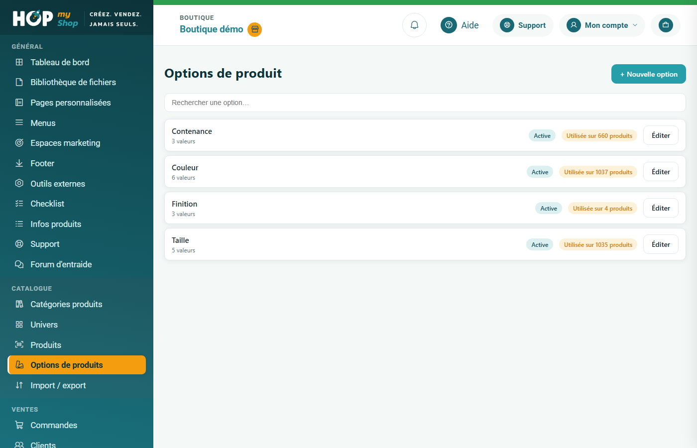 Liste des options de produit