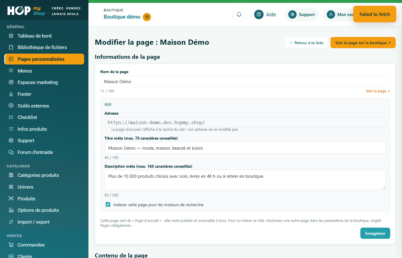 Fiche d'une page : nom, bloc SEO avec adresse, titre et description méta, case d'indexation
