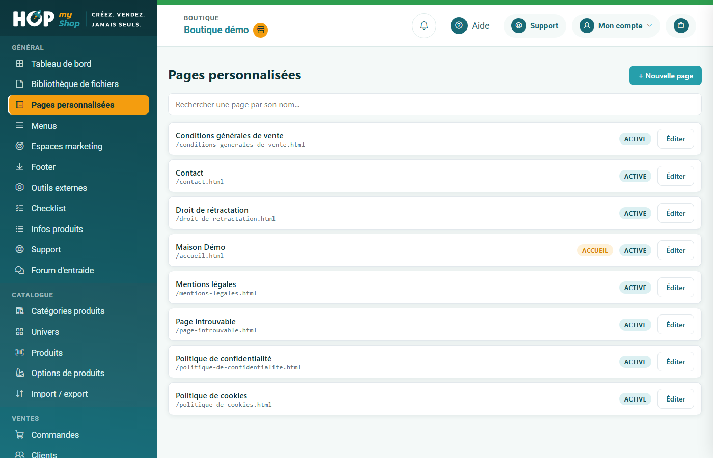 Liste des pages personnalisées avec leur adresse, leur rôle et leur état
