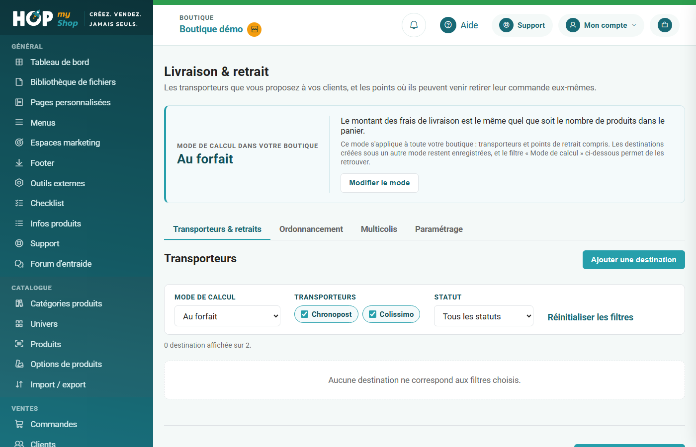Écran Livraison & retrait : liste des transporteurs et des points de retrait
