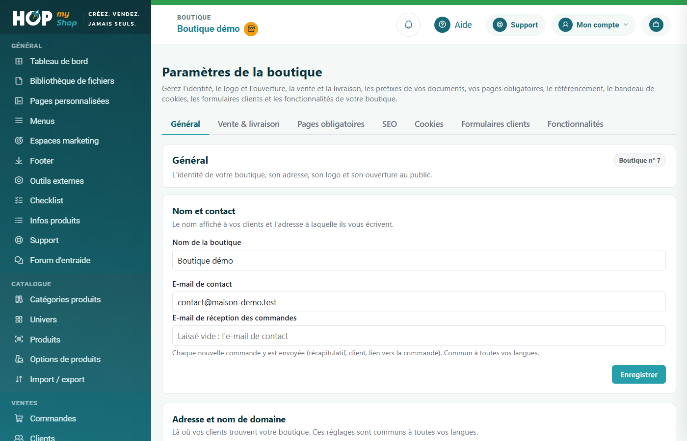 Paramètres de la boutique, onglet Général : nom et contact, adresse et nom de domaine, logo et favicon, état de la boutique