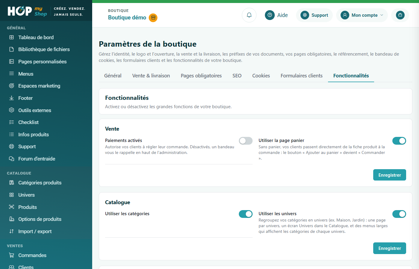 Paramètres de la boutique, onglet Fonctionnalités : vente, catalogue, références des produits