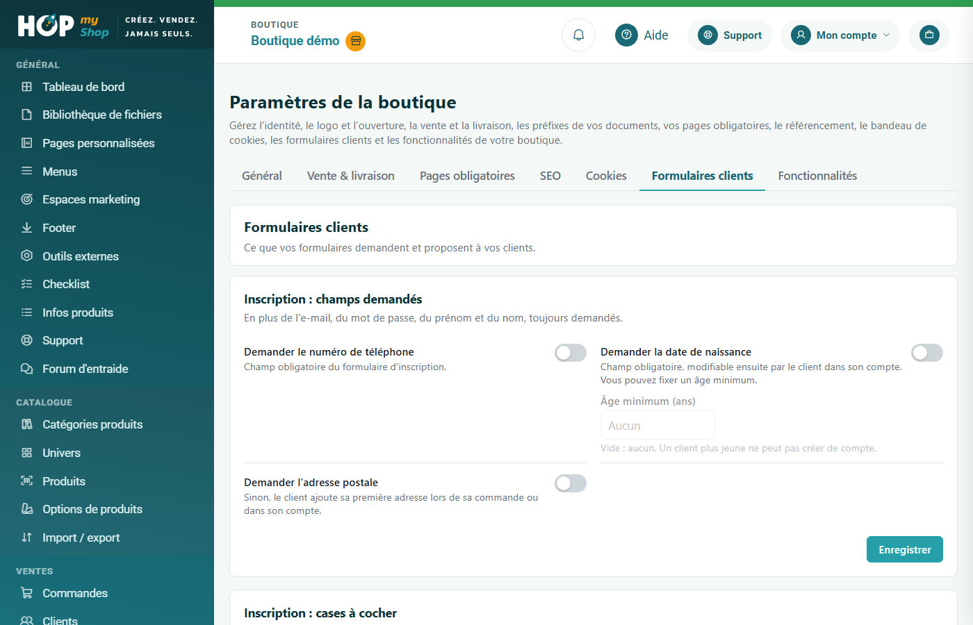Paramètres de la boutique, onglet Formulaires clients : champs demandés à l'inscription et cases à cocher