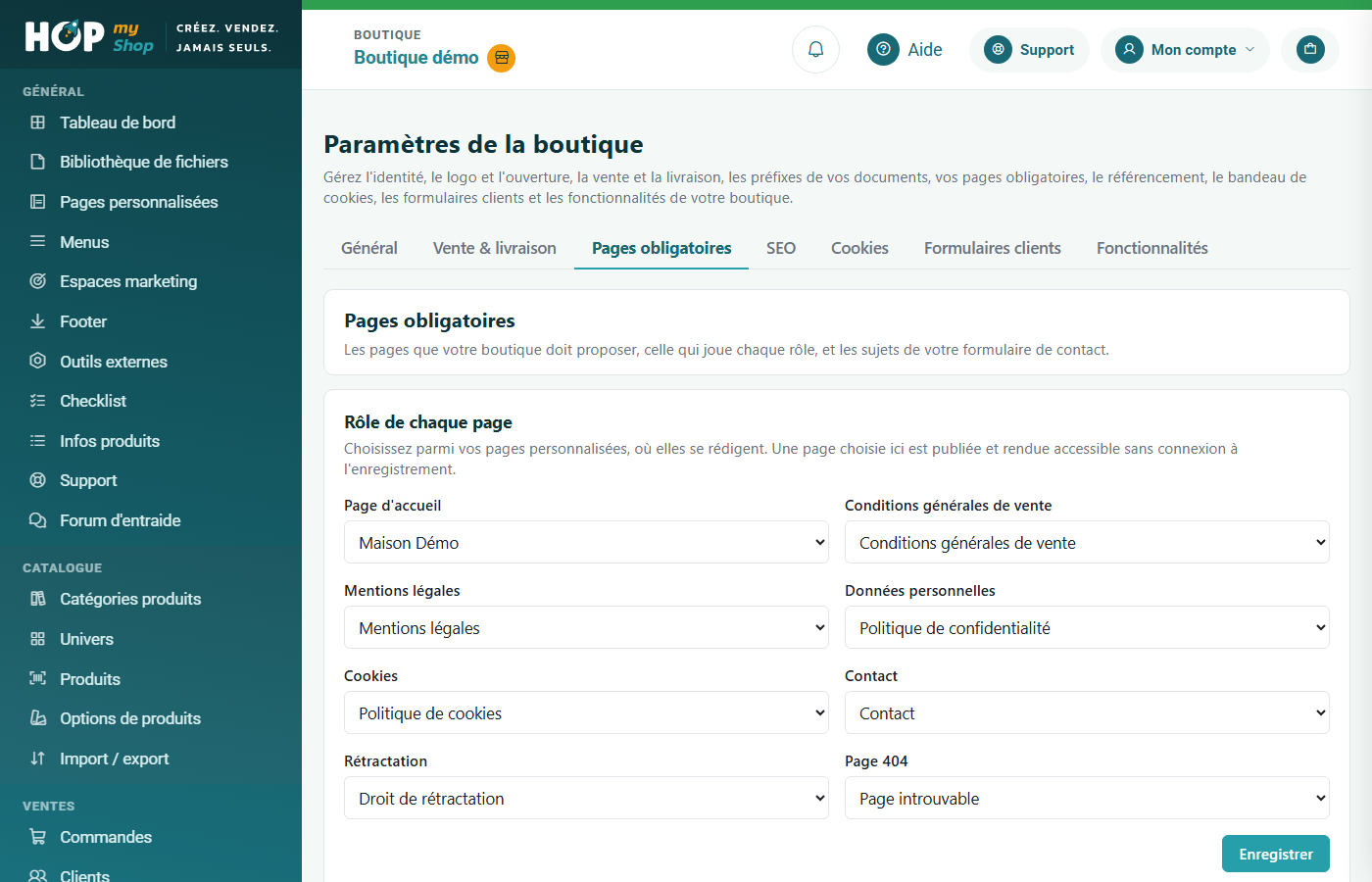 Paramètres de la boutique, onglet Pages obligatoires : rôle de chaque page et sujets du formulaire de contact