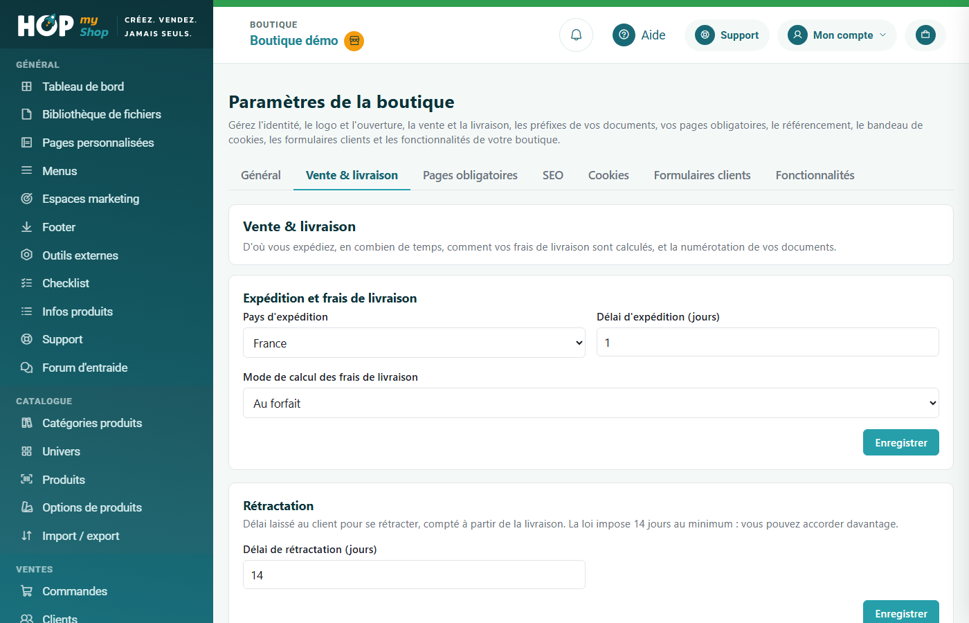 Paramètres de la boutique, onglet Vente & livraison : expédition, rétractation, paiement des commandes, produits numériques, numérotation