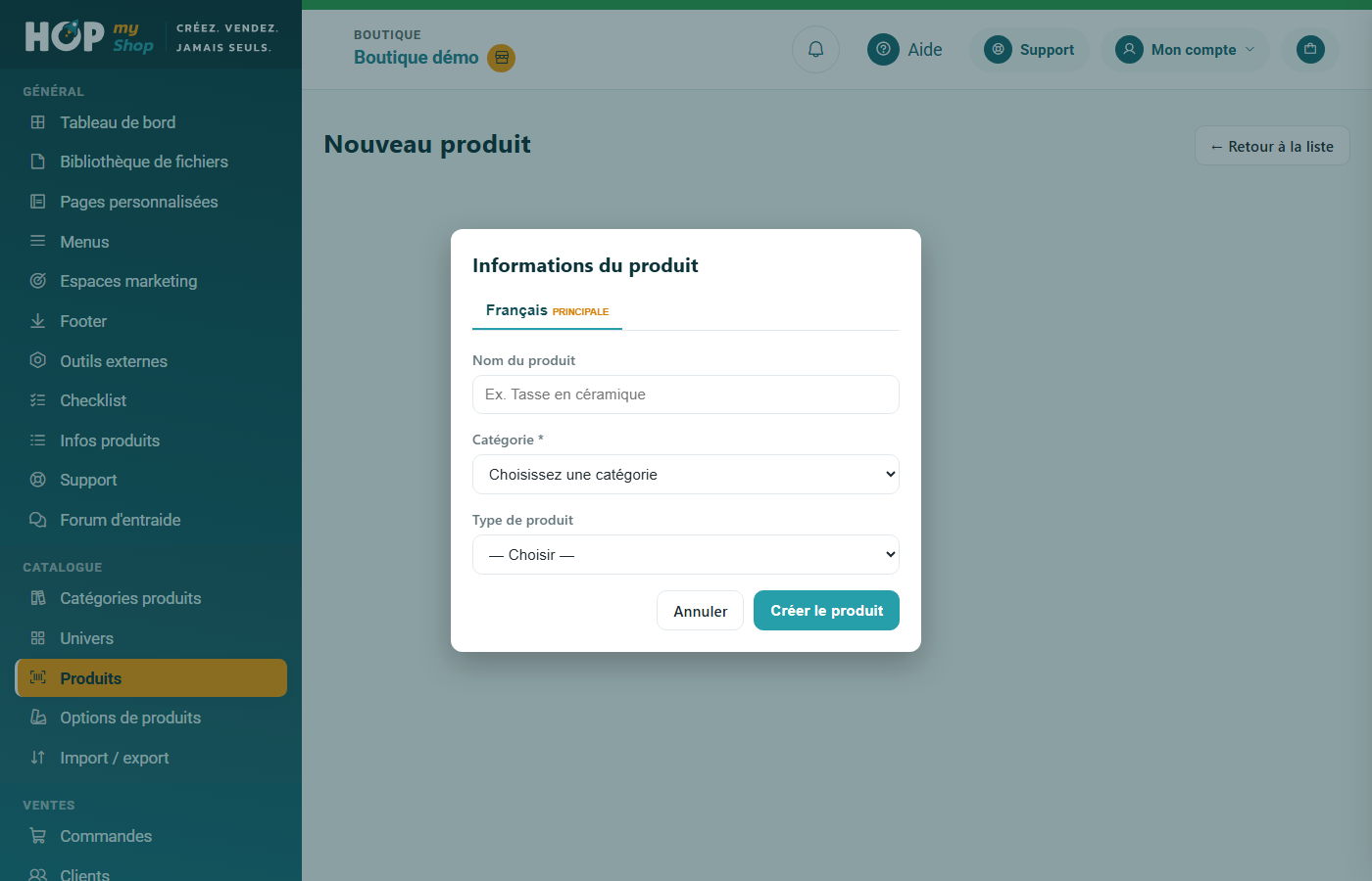 Fenêtre Informations du produit à la création