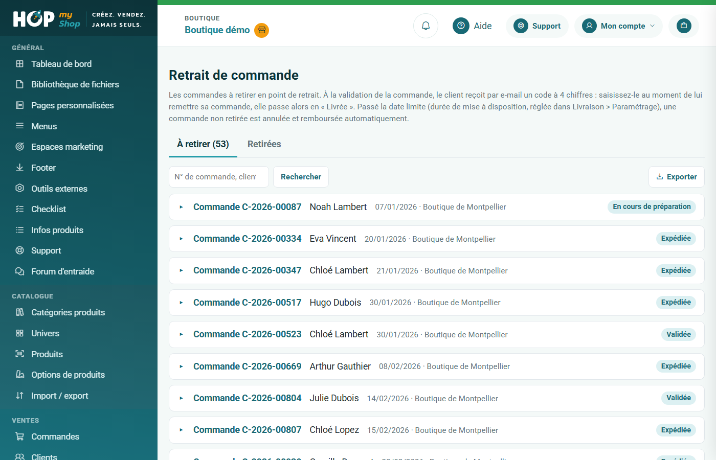 Commandes à retirer, avec le champ du code de retrait et le bouton de validation