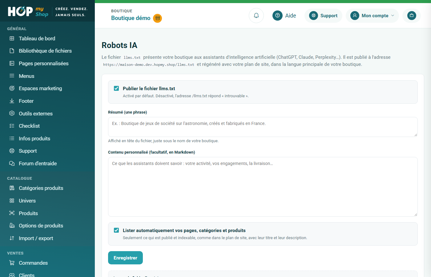 Écran Robots IA : publication du llms.txt, résumé, contenu personnalisé et aperçu du fichier
