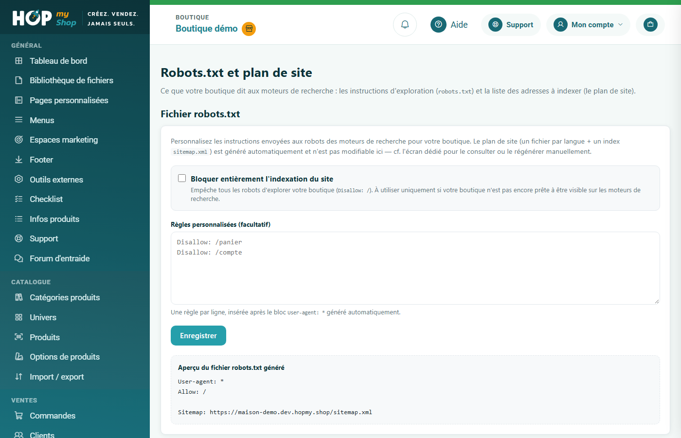 Écran Robots.txt et plan de site : réglages du robots.txt, aperçu et tableau des sitemaps par langue