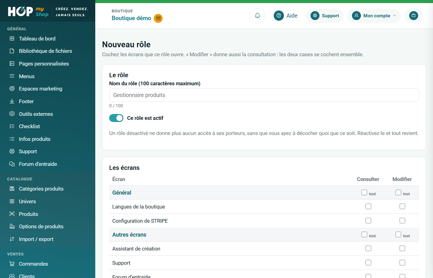 Fiche d'un nouveau rôle : nom, activation et tableau des écrans avec les cases Consulter et Modifier