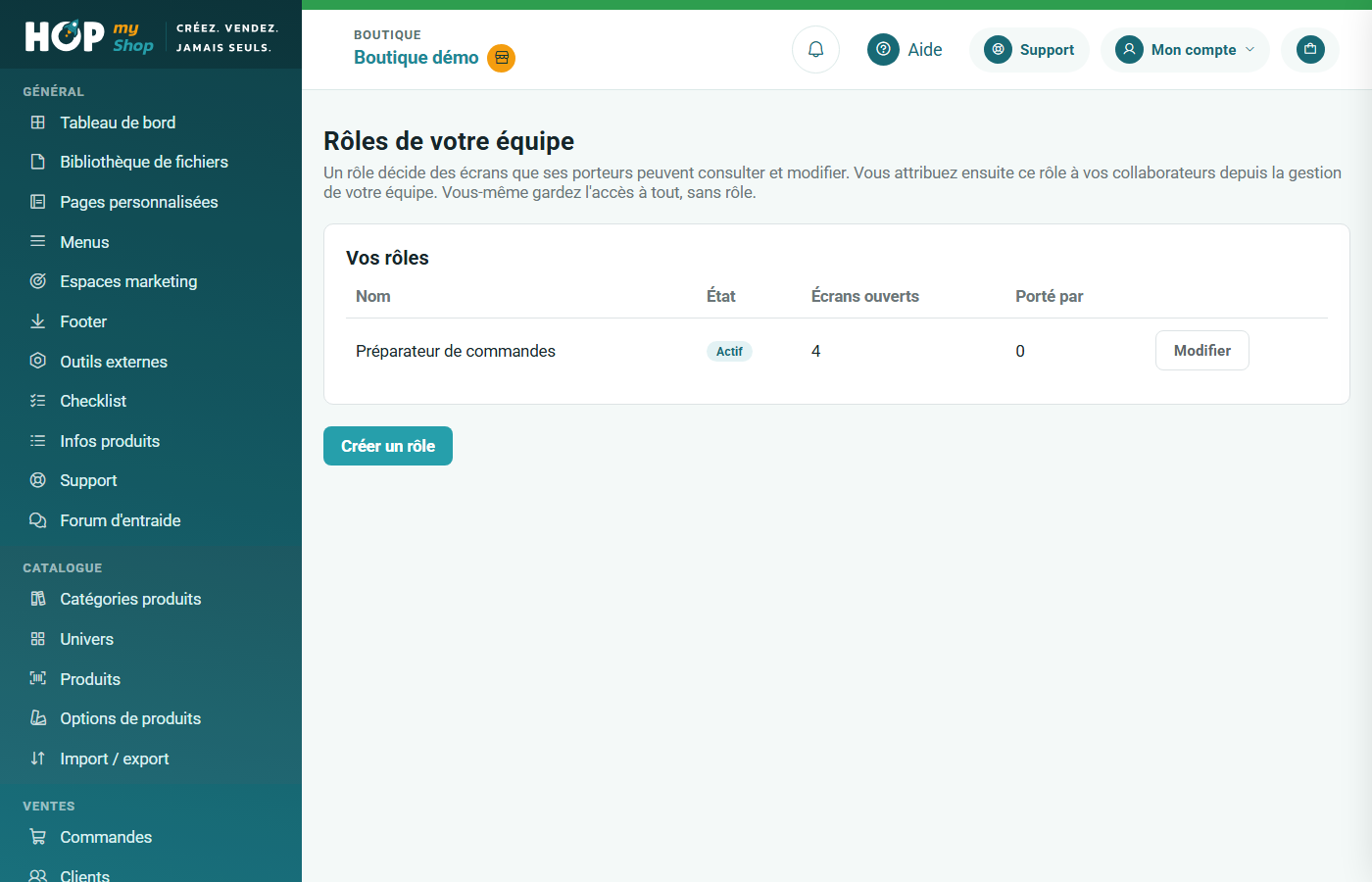 Liste des rôles de l'équipe : nom, état, écrans ouverts et nombre de porteurs