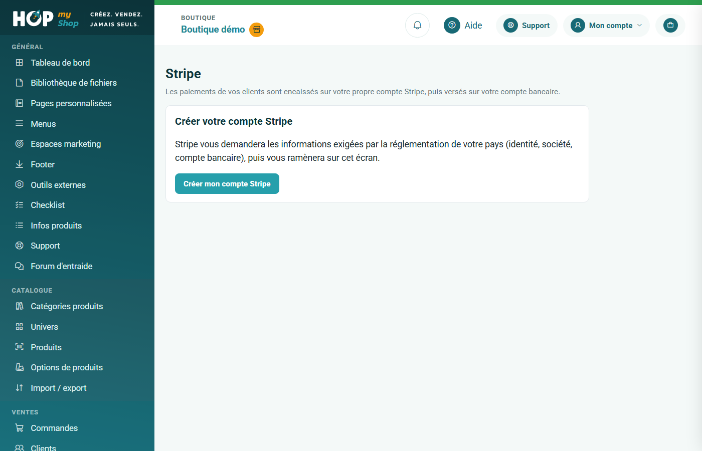 Écran Stripe avec le bouton de création du compte
