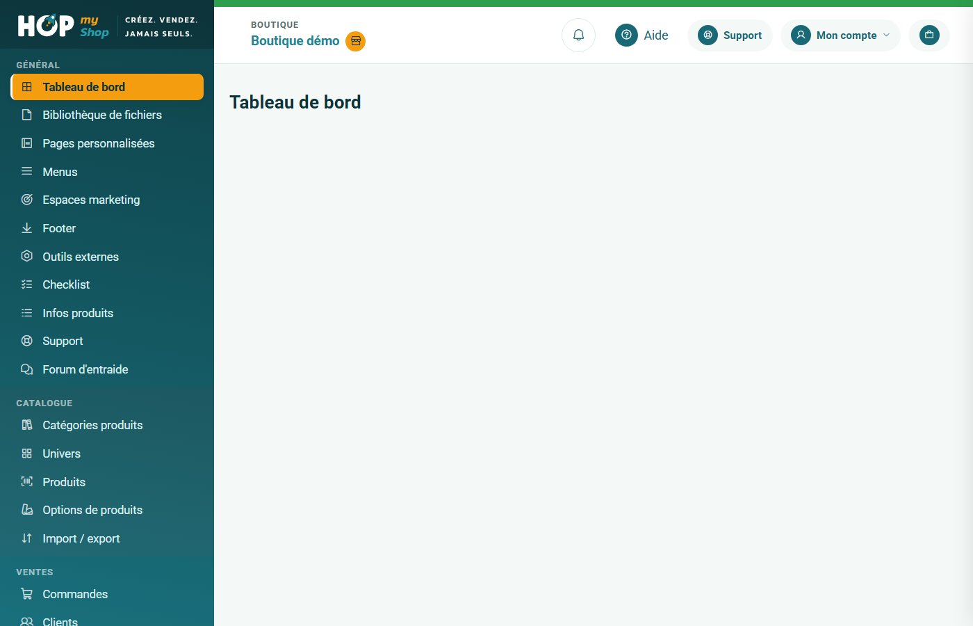 Écran Tableau de bord sans alerte, menu de gauche de l'administration