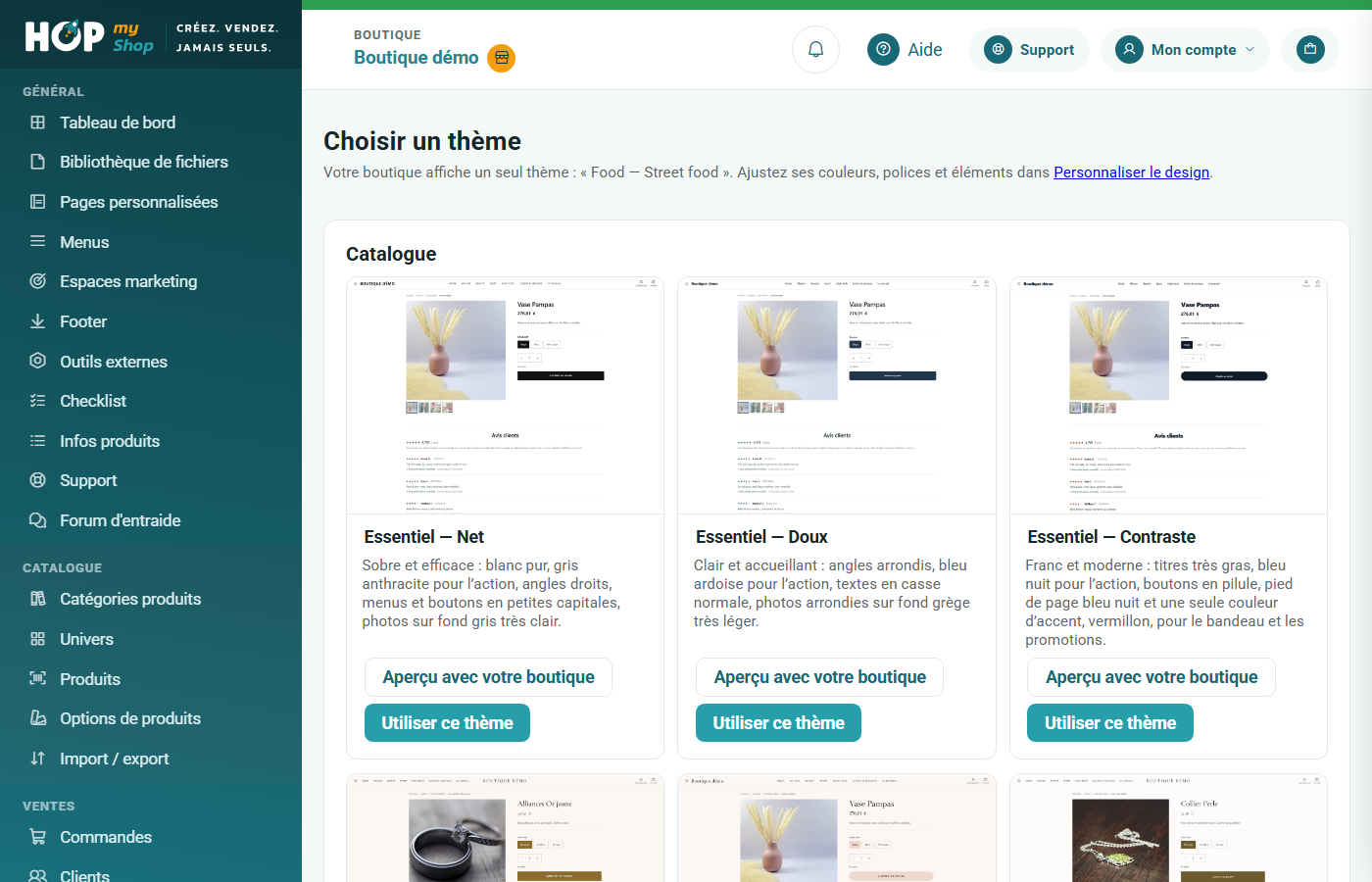 Catalogue des thèmes avec, pour chacun, une vignette, une description et les boutons d'aperçu et d'utilisation